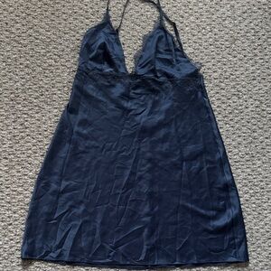 Silky Navy Blue Lace-Trim Slip / lingerie